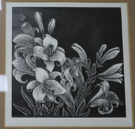 George F. Reiss (1893-1973), wood engraving, Madonna Lilies, signed in pencil and dated 1954, 19/66, 21 x 21.5cm